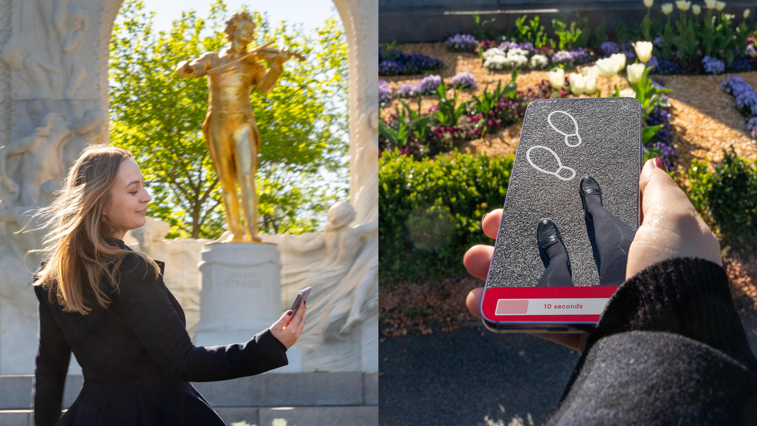 Johann Strauss Denkmal mit Smartphone, das Tanzschritte visualisiert
