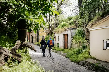 Zwei Frauen wandern an Weinkellern vorbei