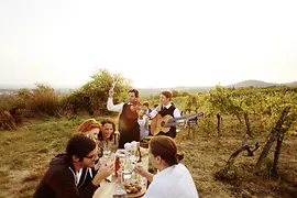 Heuriger Wieninger am Nussberg: people eating and drinking outdoors and two Wienerlied musicians